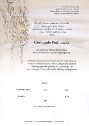 Traueranzeige von Gertraude Podloucka
