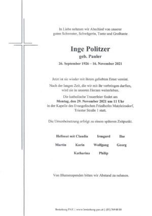 Traueranzeige von Inge Politzer