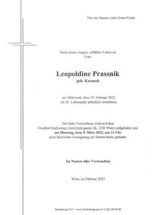 Traueranzeige von Leopoldine Prassnik