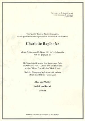Traueranzeige von Charlotte Raglhofer