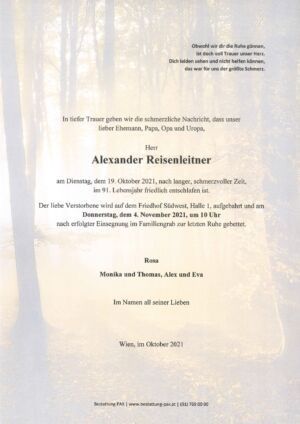 Traueranzeige von Alexander Reisenleitner