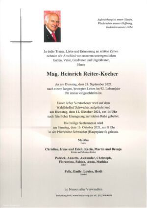 Traueranzeige von Mag. Heinrich Reiter-Kocher
