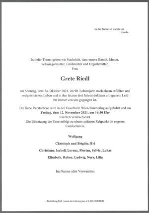Traueranzeige von Grete Riedl
