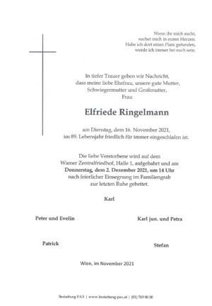 Traueranzeige von Elfriede Ringelmann