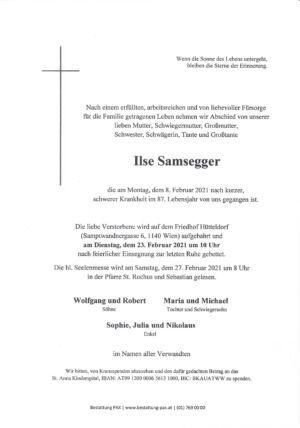 Traueranzeige von Ilse Samsegger