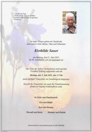 Traueranzeige von Klothilde Sauer