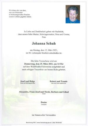 Traueranzeige von Johanna Schuh