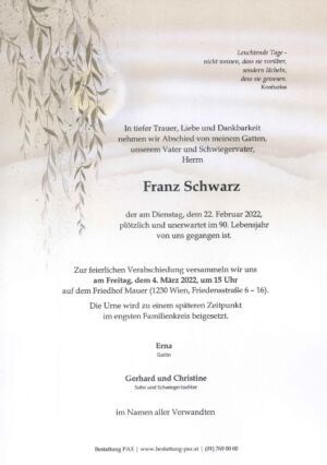 Traueranzeige von Franz Schwarz