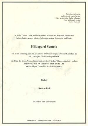 Traueranzeige von Hildegard Semela