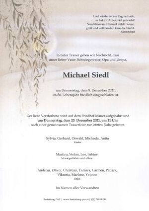 Traueranzeige von Michael Siedl