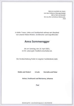 Traueranzeige von Anna Sommeregger