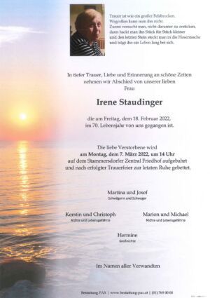 Traueranzeige von Irene Staudinger