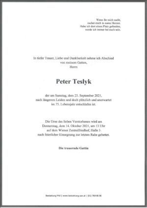 Traueranzeige von Peter Teslyk