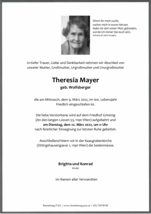 Traueranzeige von Theresia Mayer
