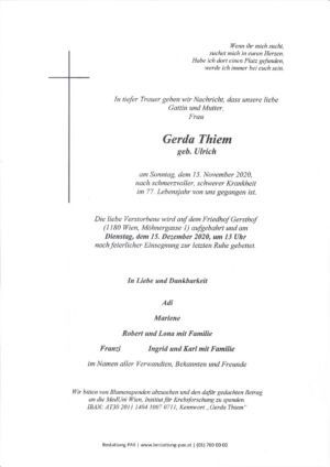 Traueranzeige von Gerda Thiem
