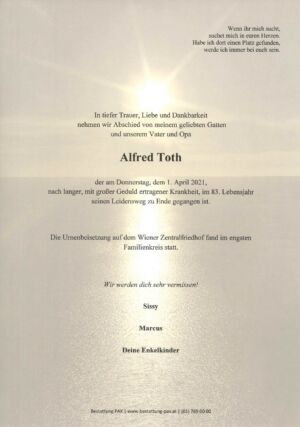 Traueranzeige von Alfred Toth