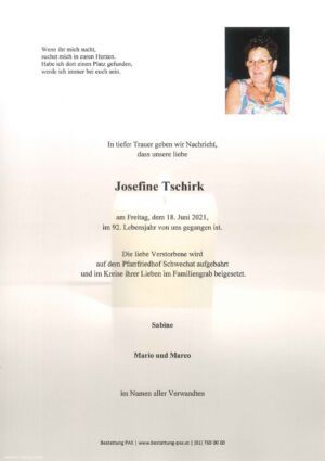 Traueranzeige von Josefine Tschirk