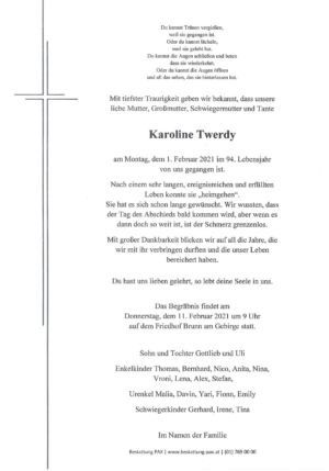 Traueranzeige von Karoline Twerdy