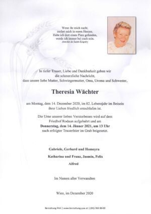 Traueranzeige von Theresia Wächter