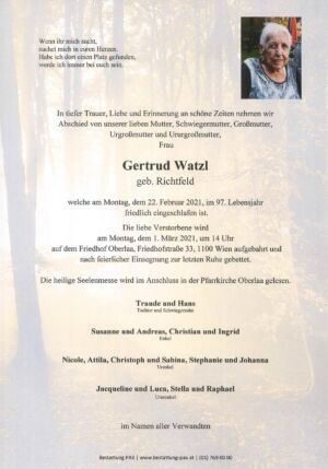 Traueranzeige von Gertrud Watzl