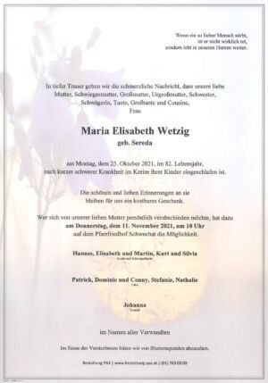 Traueranzeige von Maria Wetzig