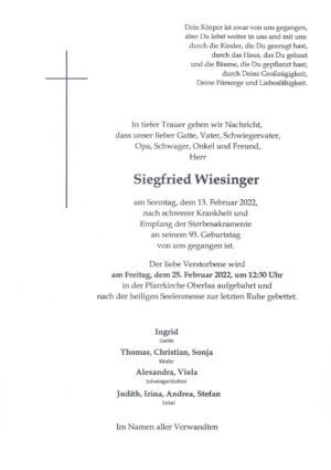 Traueranzeige von Siegfried Wiesinger