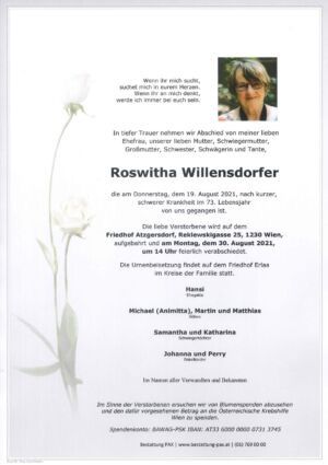 Traueranzeige von Roswitha Willensdorfer