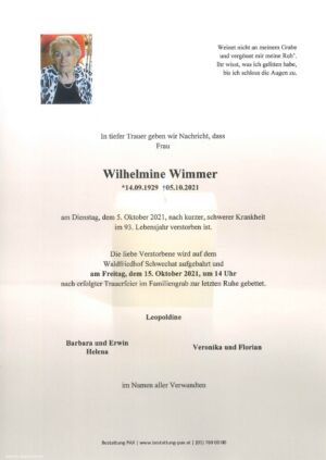 Traueranzeige von Wilhelmine Wimmer