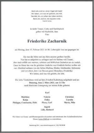 Traueranzeige von Friederike Zacharnik