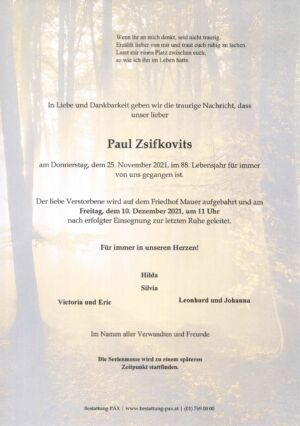 Traueranzeige von Paul Zsifkovits