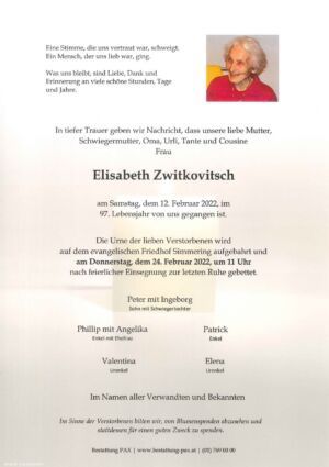 Traueranzeige von Elisabeth Zwitkovitsch