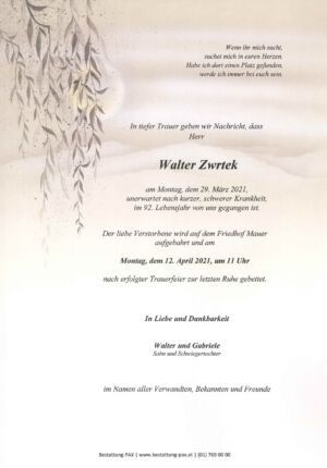Traueranzeige von Walter Zwrtek