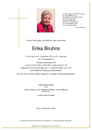 Traueranzeige von Erika Bruhns
