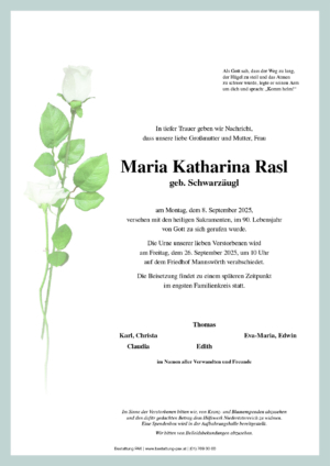 Traueranzeige von Maria Rasl