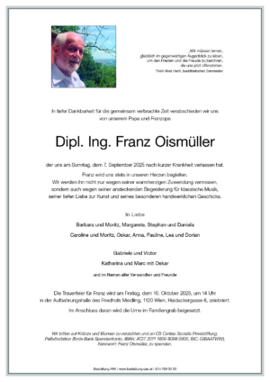 Traueranzeige von Dipl. Ing. Franz Oismüller