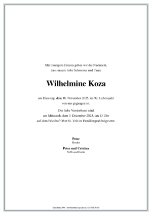 Traueranzeige von Wilhemine Koza