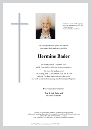 Traueranzeige von Hermine Bader