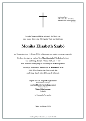 Traueranzeige von Monika Elisabeth Szabó