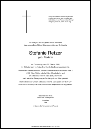 Traueranzeige von Stefanie Retzer