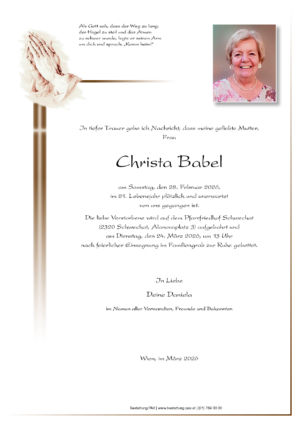 Traueranzeige von Christa Babel