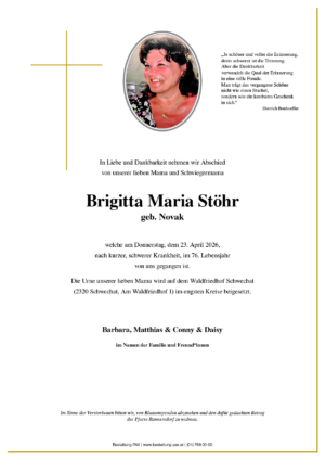 Traueranzeige von Brigitta Maria Stöhr