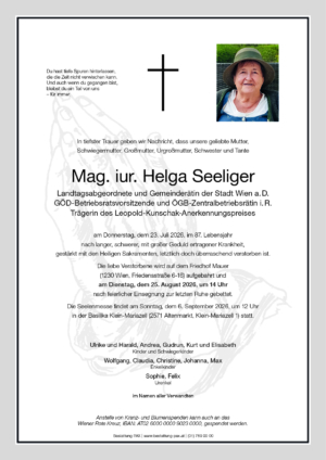 Traueranzeige von Mag. iur. Helga Seeliger