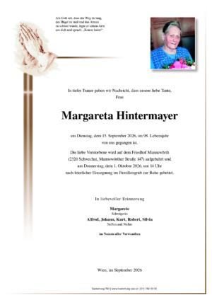 Traueranzeige von Margareta Hintermayer