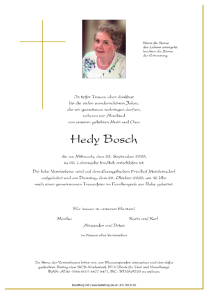 Traueranzeige von Hedy Bosch